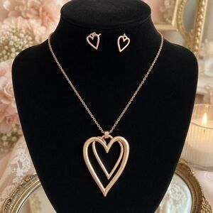 Rose Gold Open Heart Pendant Necklace & Heart Drop Earrings Jewelry Set
